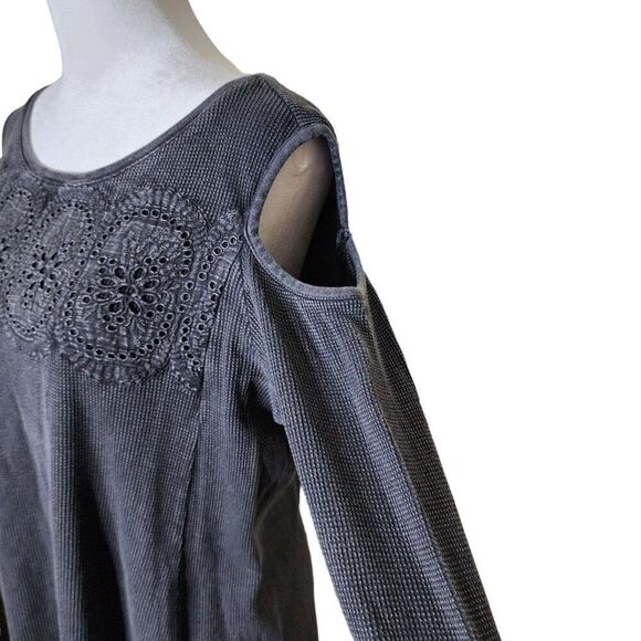 Soft Surroundings Cutout Shoulder Thermal Tunic Top Shirt Womens S Gray Waffle K - Picture 3 of 9